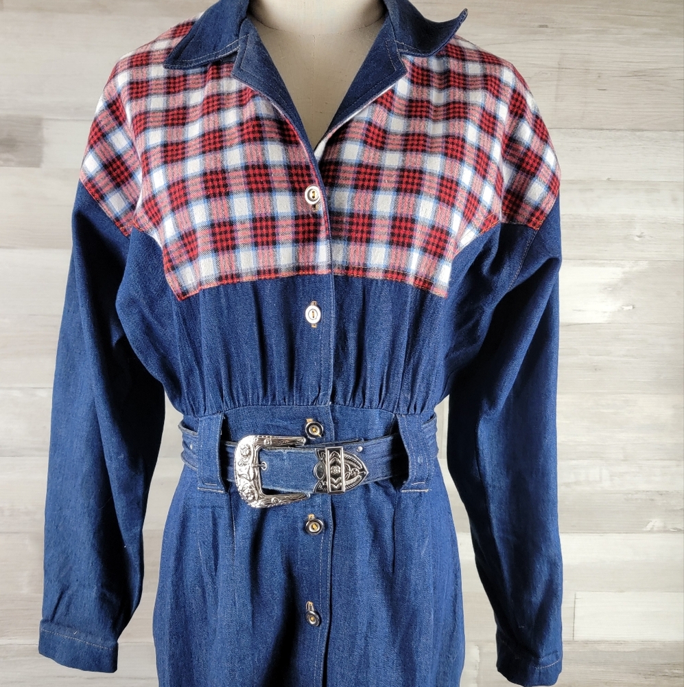 Vintage Carol Anderson Denim, Plaid Button Front Belted Dress Women's 5/6 USA - Picture 3 of 15